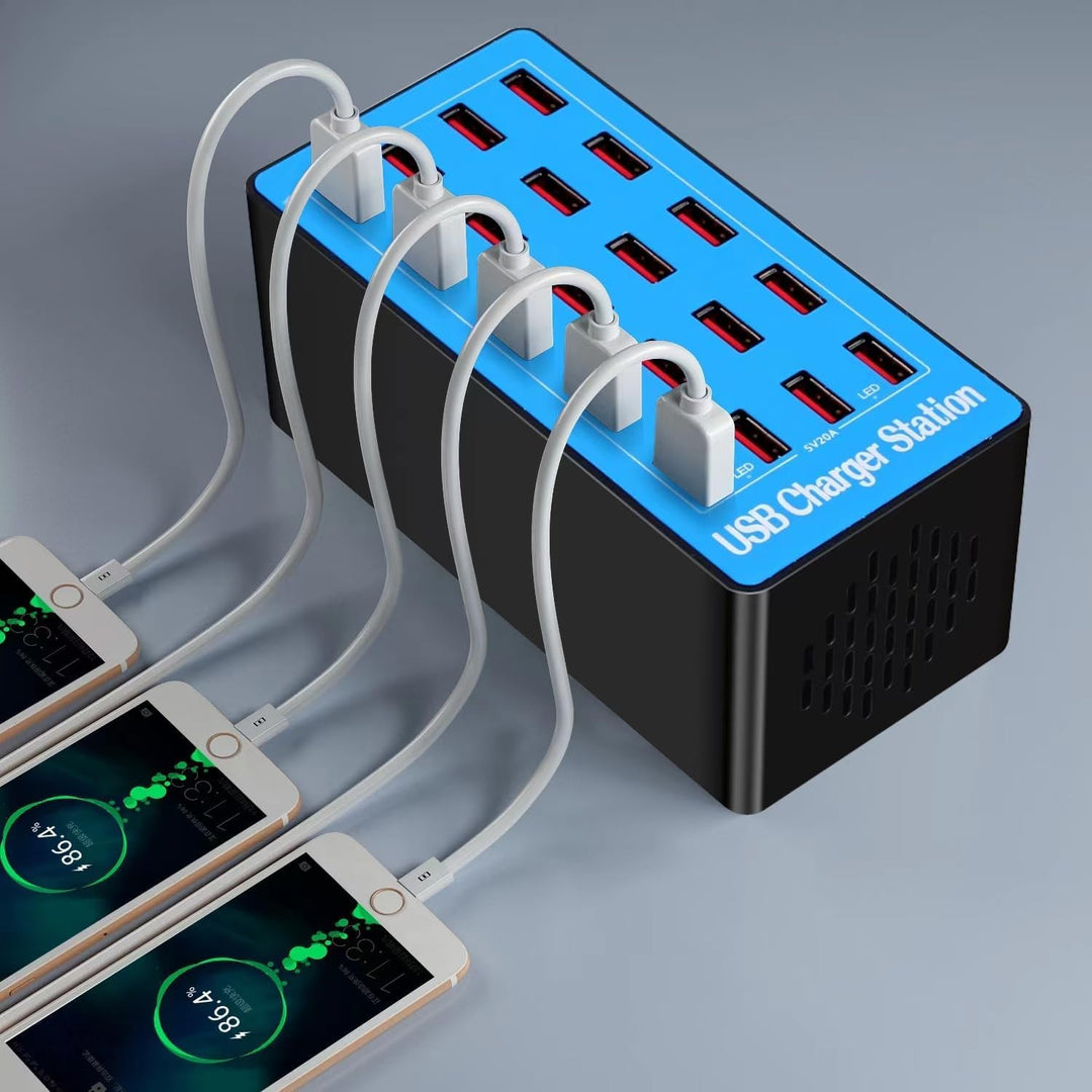 20 Ports 100 W/20 A USB Ladestation Multi-Geräte für Büro, Apple, Smartphones und mehr (20 Port-Blue