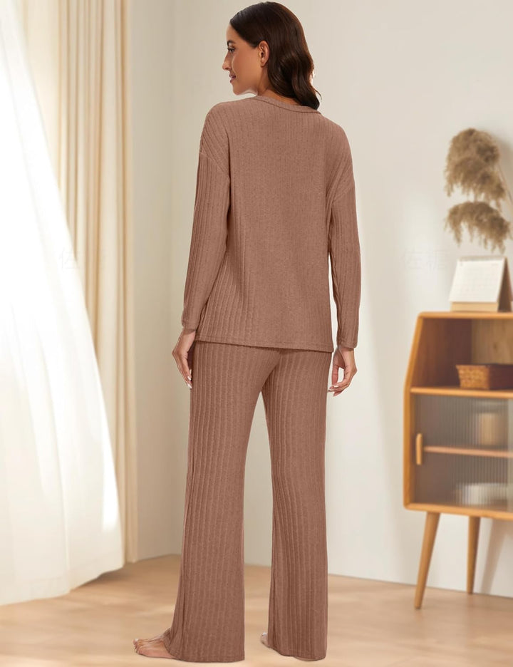 Schlafanzug Damen Lang Zweiteiler Nachtwäsche Warm Pyjama Set mit V-Ausschnitt Top und Hosen mit Tas