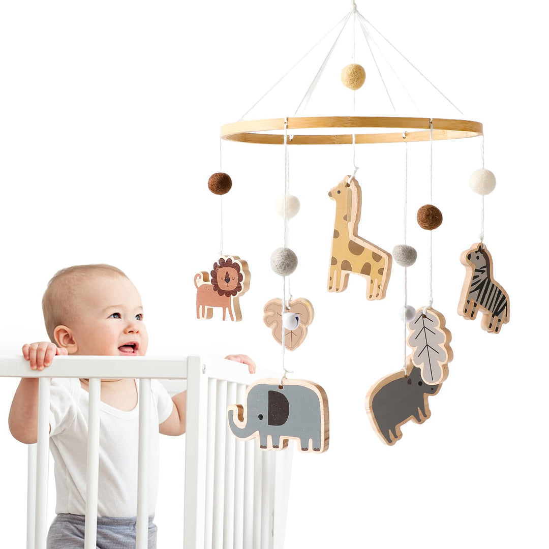Mobile Baby Tier Windspiele mit Filzbällen Giraffe Löwe Elefant Zebra Babyzimmer Holz Gehäkelt Neuge