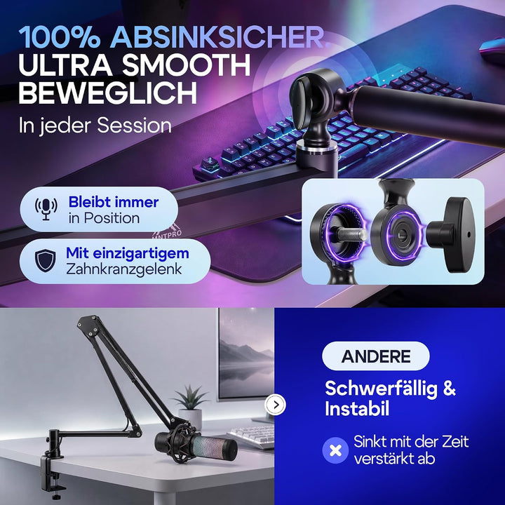 Mikrofonarm Schreibtisch Low Profile – 80 cm Reichweite, 100% absinksicherer Mikrofon Arm, stabiler