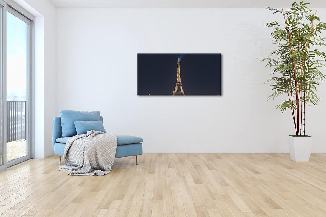 Eiffelturm in Paris bei Nacht Panorama 80x40 cm als Leinwandbild, Motiv fertig gerahmt auf Echtholzr