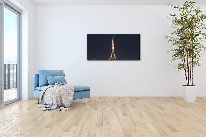 Eiffelturm in Paris bei Nacht Panorama 80x40 cm als Leinwandbild, Motiv fertig gerahmt auf Echtholzr