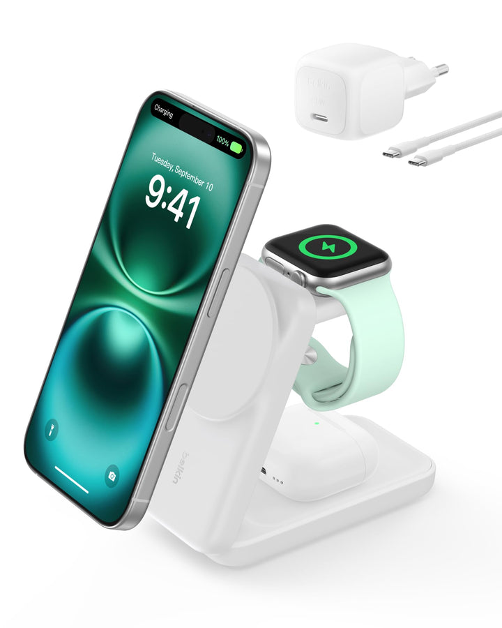 Belkin UltraCharge 3 in 1 Ladestation mit Qi2.2, 25W, Ladegerät MagSafe Kompatibel, Induktive Ladest