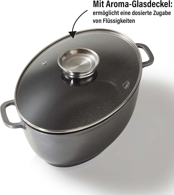 Stoneline Gourmet Bräter, oval, 38,8 x 26,3 cm, 8 L, mit Aroma-Glasdeckel zur dosierten Zugabe von F