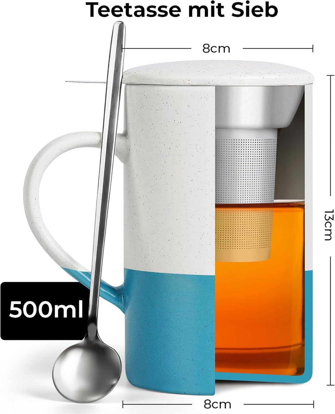 MIAMIO - Tee Tassen Set 2 x 500 ml mit Deckel und Sieb/Keramik Tee Becher mit Teeei und Löffel für d