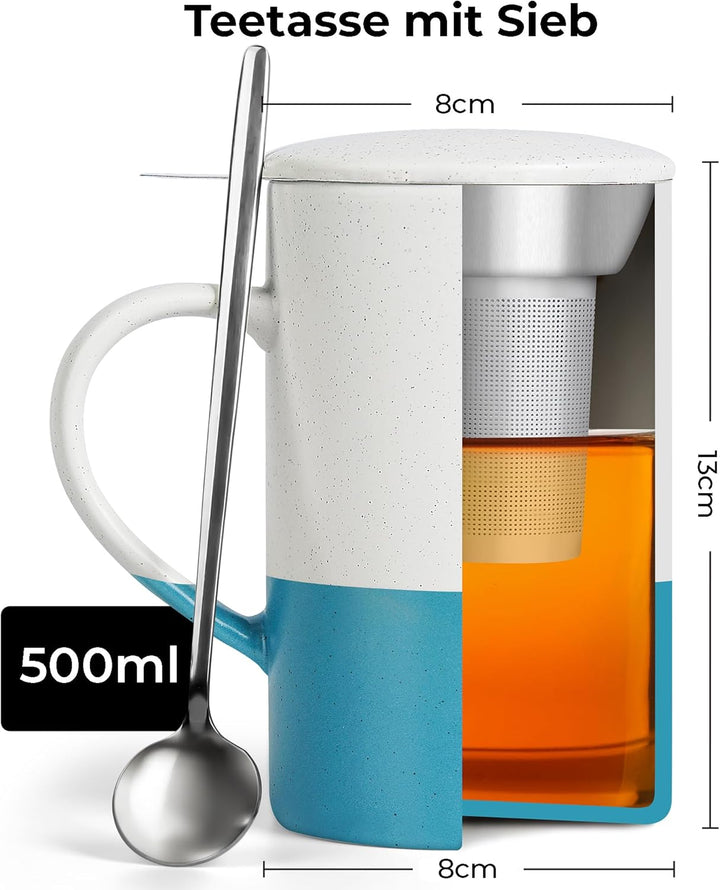 MIAMIO - Tee Tassen Set 2 x 500 ml mit Deckel und Sieb/Keramik Tee Becher mit Teeei und Löffel für d
