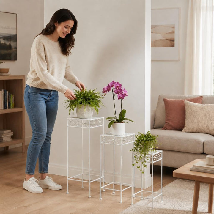 DanDiBo Blumenhocker Weiss Metall Eckig Blumenständer 96314 3er Set Beistelltisch Blumensäule Modern