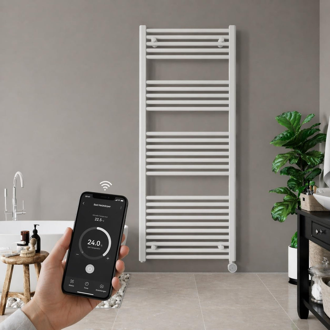 anapont WiFi und Bluetooth elektrischer Badheizkörper 1475x600 - weiss gerade - Handtuchheizkörper -