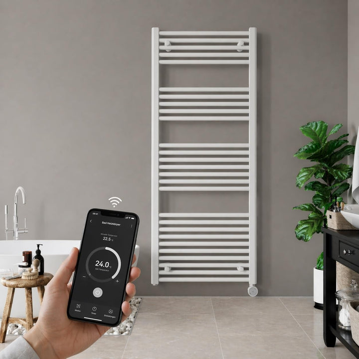 anapont WiFi und Bluetooth elektrischer Badheizkörper 1475x600 - weiss gerade - Handtuchheizkörper -
