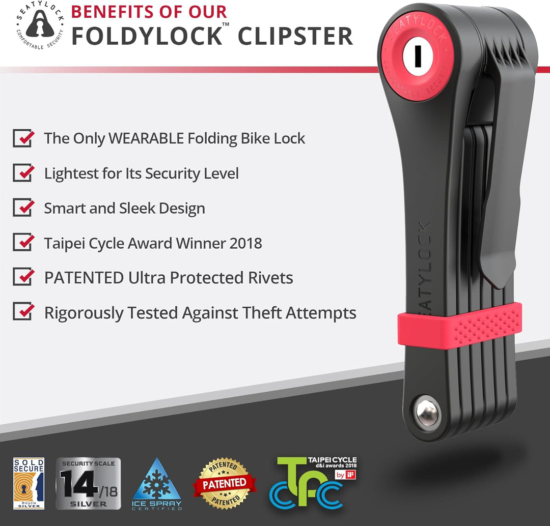 FoldyLock Clipster Faltbares Fahrradschloss – kompaktes, stilles und leichtiges Sicherheitszubehör –