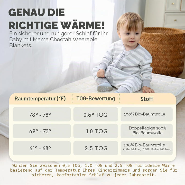 Mama Cheetah Toddler Schlafsack mit Füssen, Long Sleeve 0,5 TOG Bio-Baumwolle Baby Schlafsack mit Be