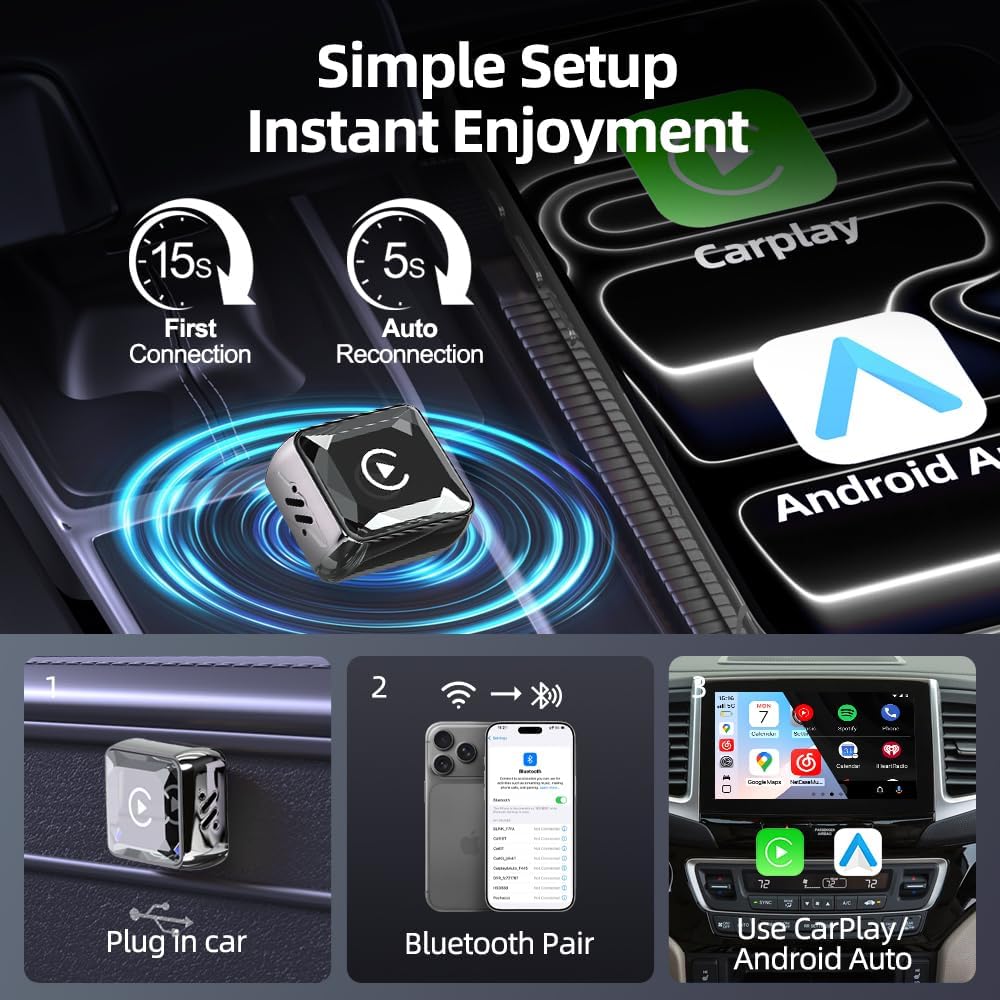 GemCoo 2-in-1 Wireless CarPlay Android Auto Adapter für Autos mit Kabel | iOS 10 / Android 11 kompat