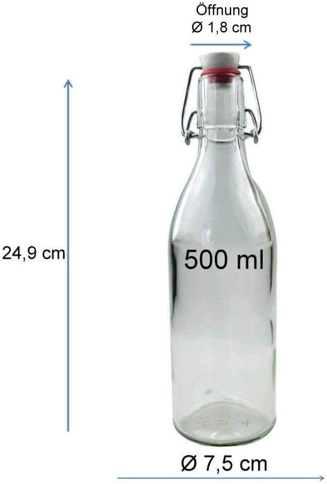 mikken 8x Glasflasche 0,5 Liter mit Bügelverschluss aus Porzellan, inkl Trichter