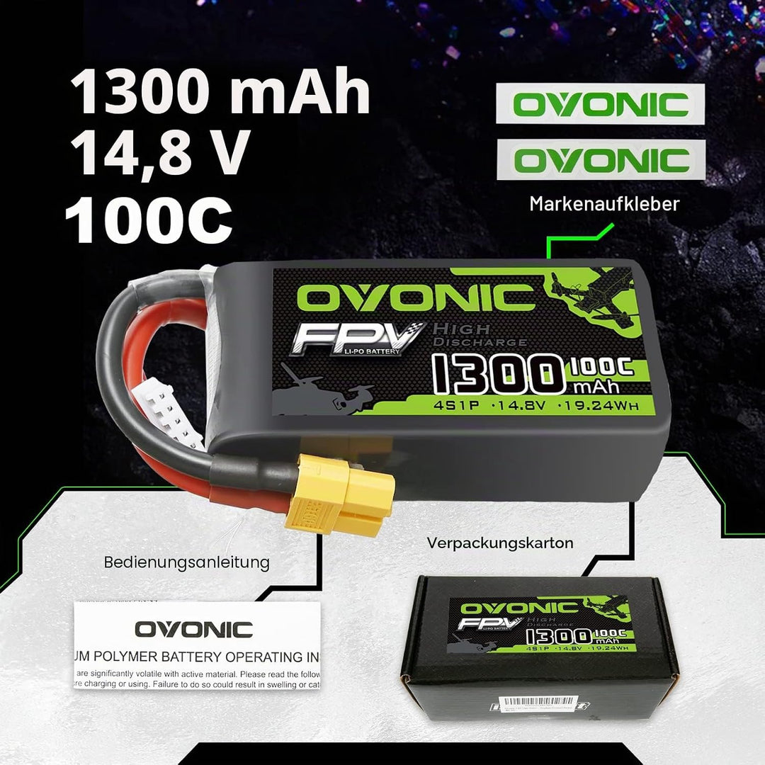 OVONIC RC Lipo Akku 4S 14.8V 1300mAh 100C XT60 Stecker LiPo Batterie Zellen für FPV UAV RC Flugzeug