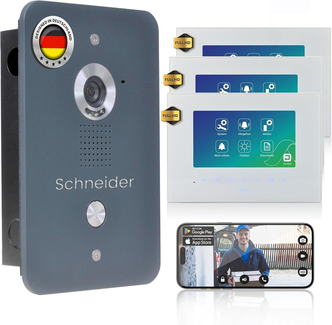 MATHFEL Video Türsprechanlage mit 4 Draht Technologie, 3X 7'' Monitor und WLAN Schnittstelle - Türkl