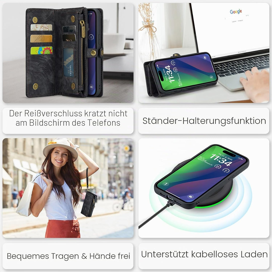 UFinetech für iPhone 15 Hülle, Flip Leder TPU Stossfest Kartenfach Tasche Handyhülle für iPhone 15,