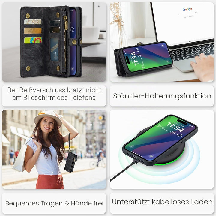 UFinetech für iPhone 15 Hülle, Flip Leder TPU Stossfest Kartenfach Tasche Handyhülle für iPhone 15,