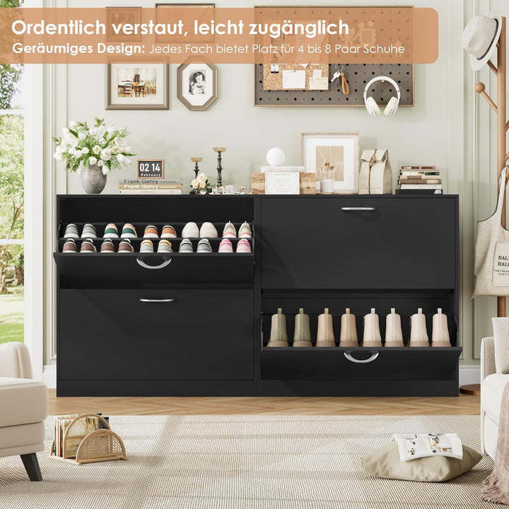 FirFurd Schuhschrank schwarz mit Schuhkipper für 8-16 Parre, Schuhregal platzsparend für Schuhaufbew