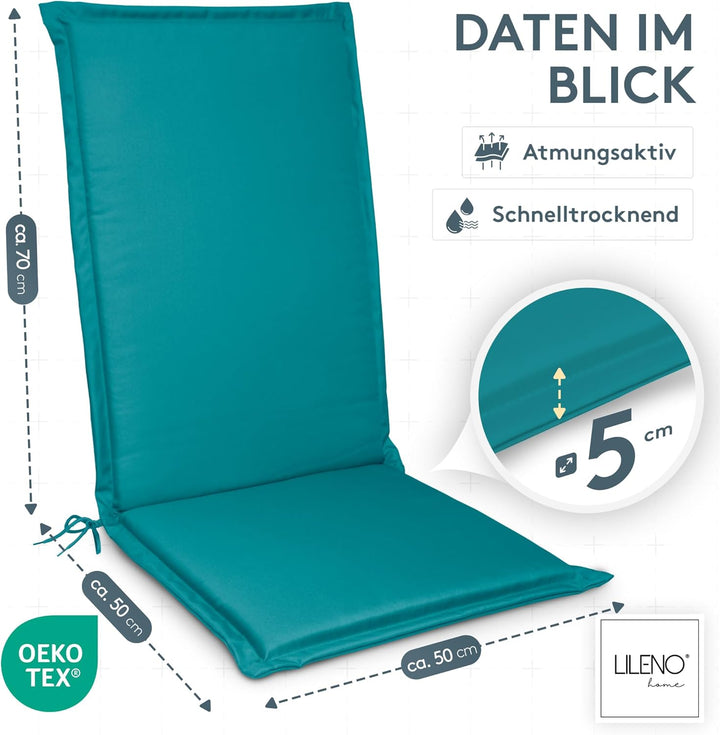 LILENO HOME Gartenstuhl Auflagen [2er Set - Hochlehner] in Petrol - Bequeme Liegen als Sitzauflagen