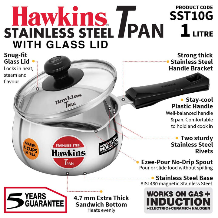 Hawkins Edelstahl Tpan 1 Liter mit Glasdeckel