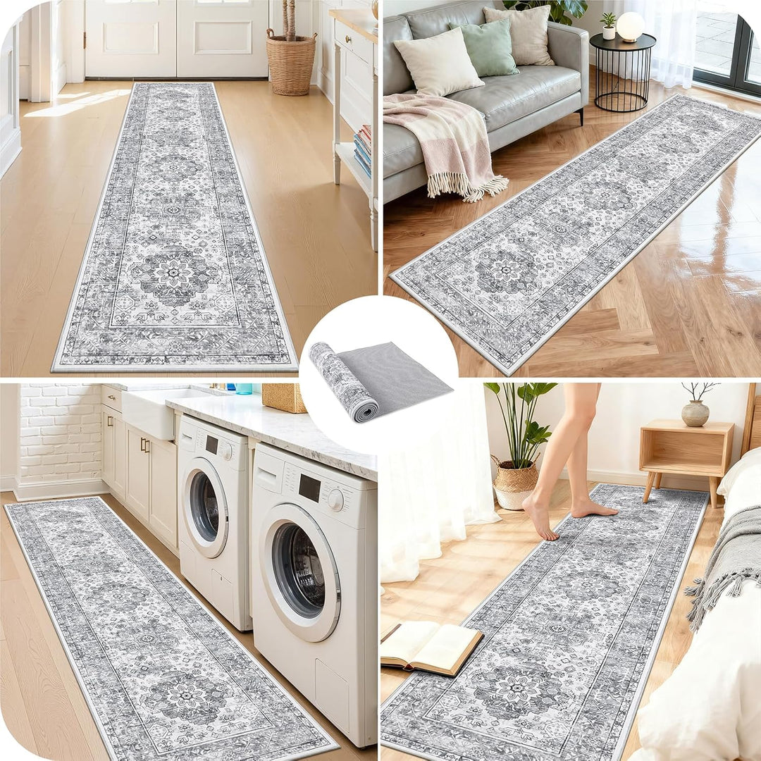 Enyhom Teppich Läufer, 60 x 240 cm Grau Extra Lange Läufer Teppiche für Flur rutschfest Waschküche M