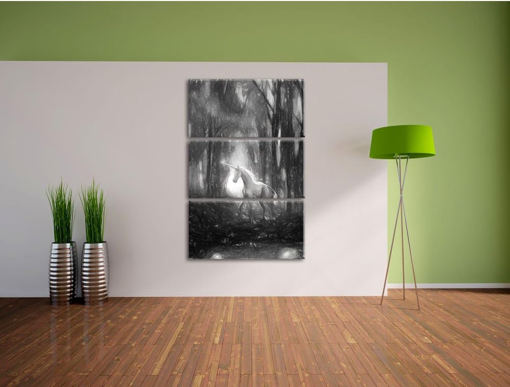 Pixxprint Einhorn im Zauberwald / 3-Teilig/Gesamtmass 120cm Leinwandbild bespannt auf Holzrahmen/Wan