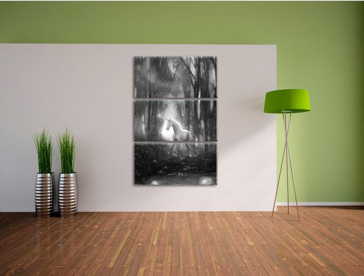 Pixxprint Einhorn im Zauberwald / 3-Teilig/Gesamtmass 120cm Leinwandbild bespannt auf Holzrahmen/Wan
