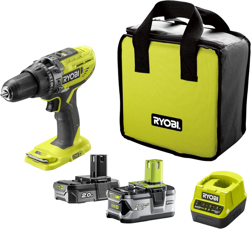 Ryobi Akku-Schlagbohrschrauber (2x Akku 2,0 + 4,0 Ah, 18 V, Schlagbohrfunktion, mit Ladegerät, Beleu