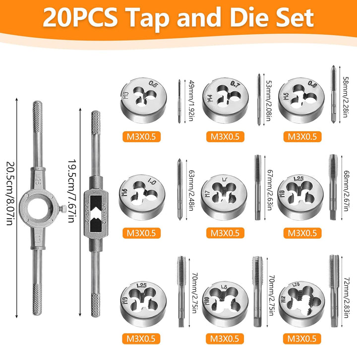 20 Stück Gewindeschneider, Legierter Stahl Gewindeschneidsatz M3-M12 Gewindebohrer Set Tap and Die S