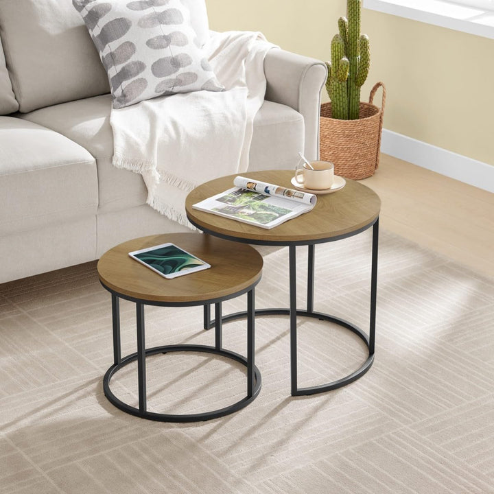 NMK HOME Couchtisch Holz Rund 2er Set 43/53 cm - Runder Couch Tisch - Industrielle Satztische Eiche