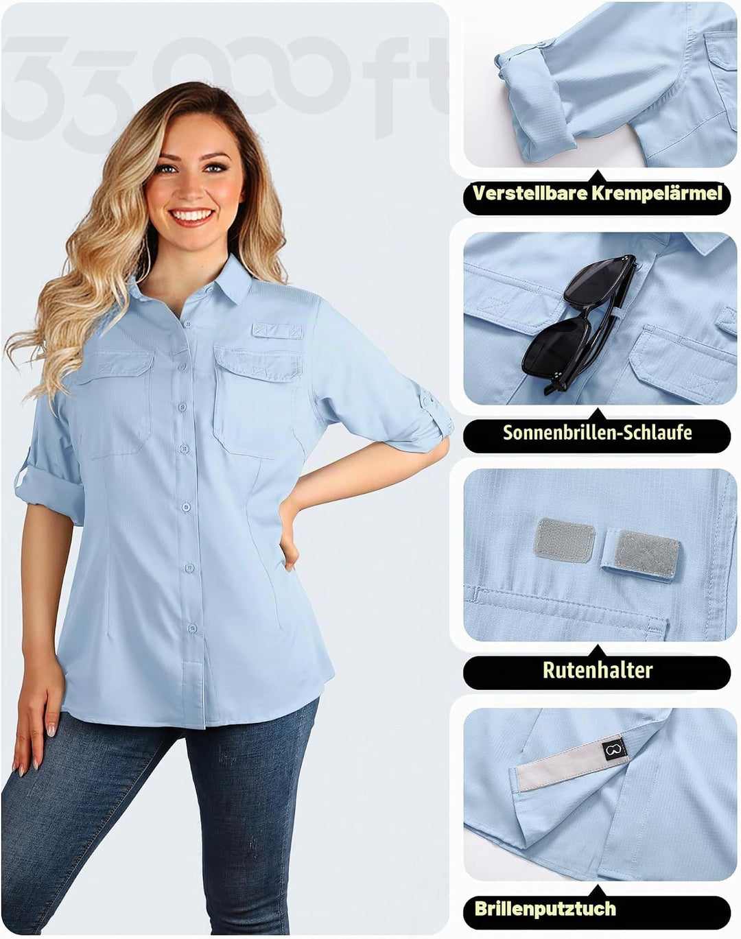33,000ft Hemdbluse Damen UPF50 UV Schutz Hemd Schnelltrocknende Button-Down Shirts Atmungsaktive Wan