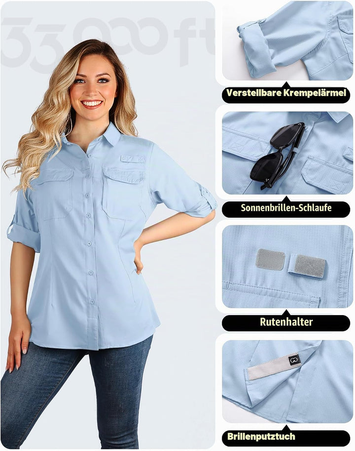 33,000ft Hemdbluse Damen UPF50 UV Schutz Hemd Schnelltrocknende Button-Down Shirts Atmungsaktive Wan