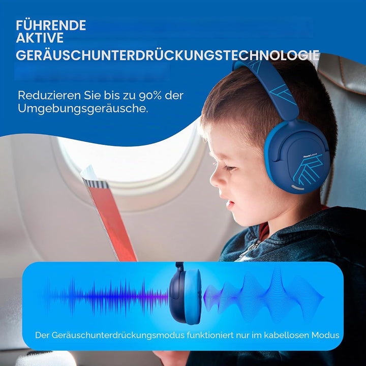 PowerLocus Bluetooth Kopfhörer Kinder, Aktive Geräuschunterdrückung, 70H Spielzeit, 74/85/94dB Siche
