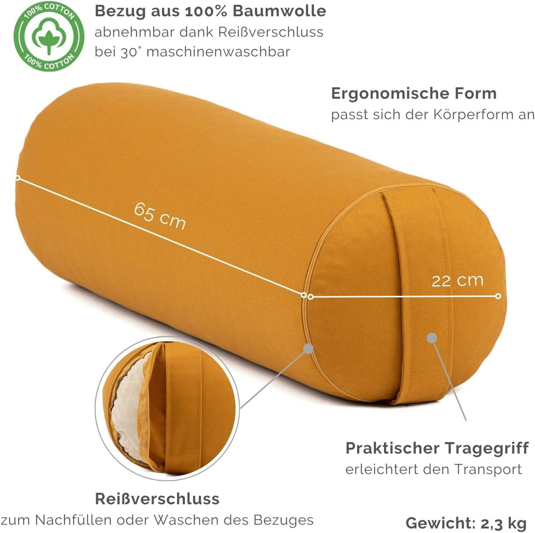 Bodhi Yoga Bolster | ECO Serie | Yogarolle mit Kapok-Füllung | Waschbarer Bezug aus 100% Bio-Baumwol