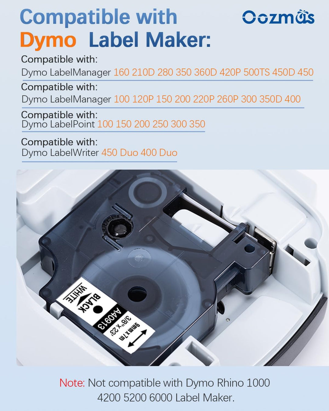 Oozmas kompatible Dymo Etikettenband 9mm x 7m Black White Schriftband als Ersatz für Dymo D1 40913 s