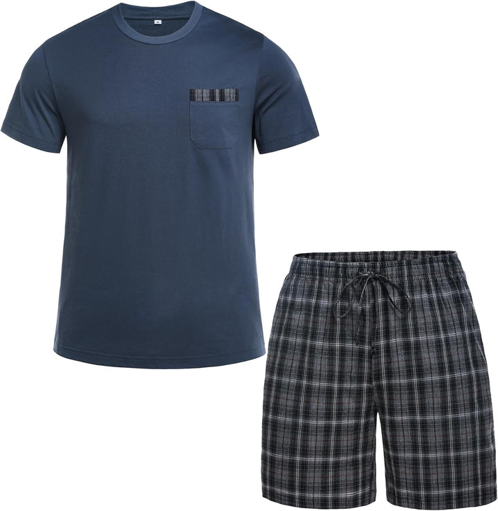Winovia Schlafanzug Herren Kurz Pyjama 100% Baumwolle Kurzarm Nachtwäsche Nightwear Set mit Rundhals