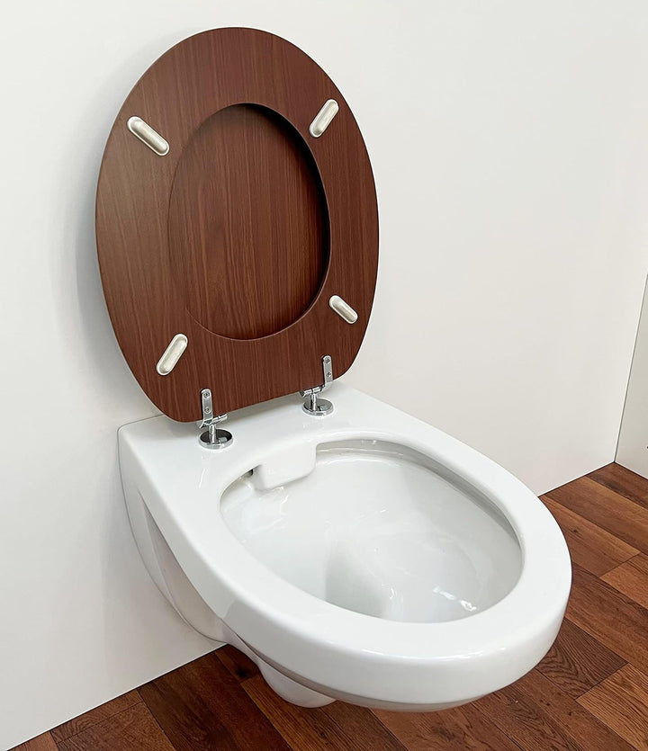 WC Deckel Toilettendeckel WC Sitz Klobrille Walnuss mit Holzkern und messingverchromten Scharnieren