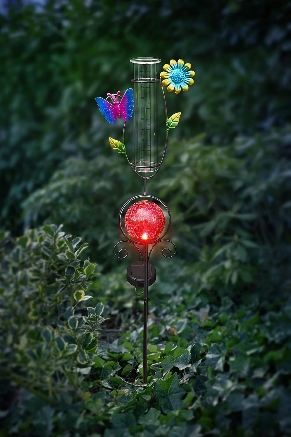Bonetti Regenmesser mit LED Beleuchtung für den Garten, 2-in-1 Funktion, Metall-Erdspiess, farbige G