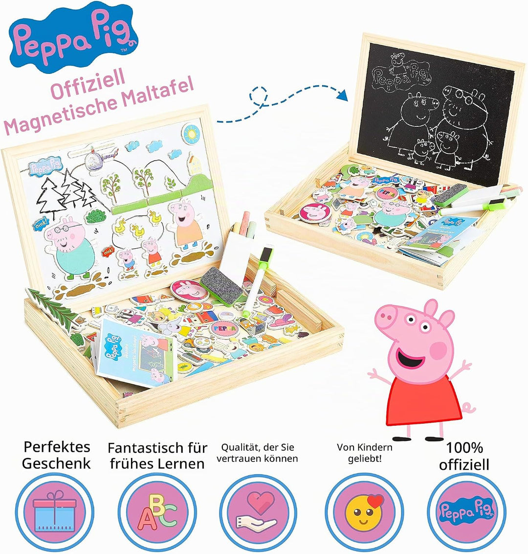 Peppa Pig Magnetische Holzpuzzle, Doppelseitiger Kreide und Magnettafel Kinder, Puzzle und Maltafel
