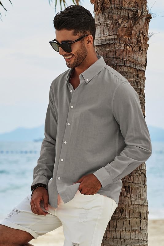 JMIERR Leinenhemd Herren Langarm Hemden Button Down Shirts Casual Freizeithemd Regular Fit Baumwolle