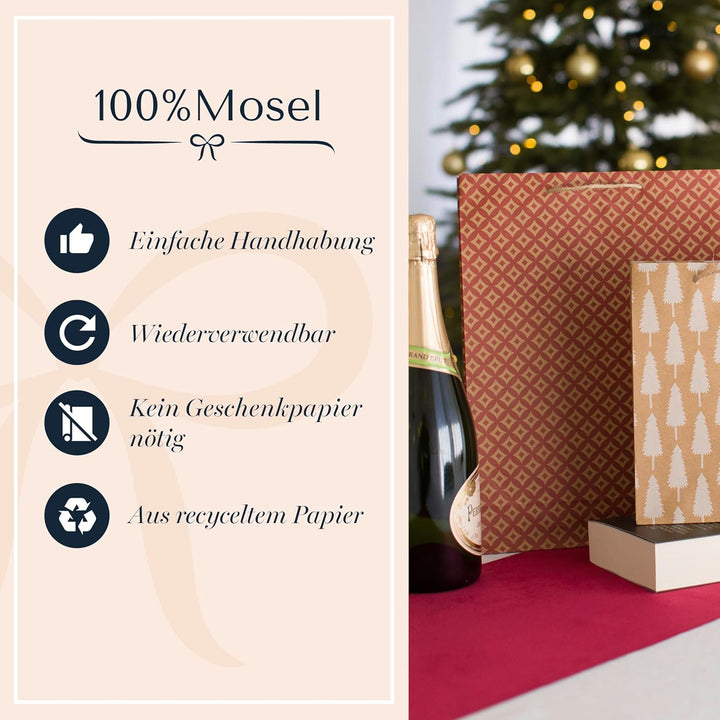 100% Mosel Geschenktüten Weihnachten, in Natur/Rot, 12 Stück (25 x 34 x 8 cm), Weihnachtstaschen aus