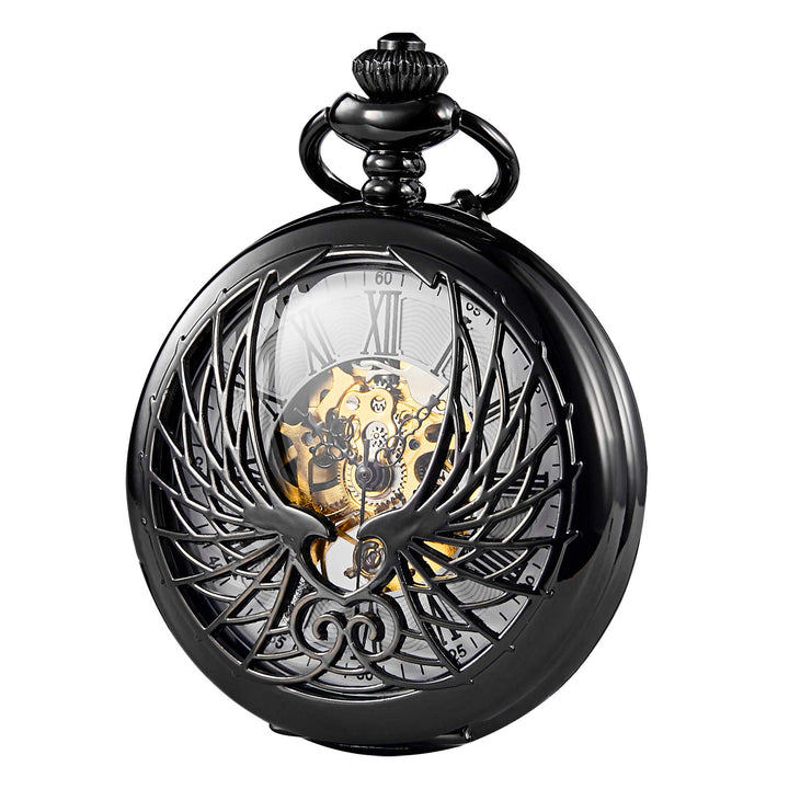TREEWETO Unisex Taschenuhr mit Kette Analog Handaufzug Adler Skelett R?mische Ziffern Schwarz