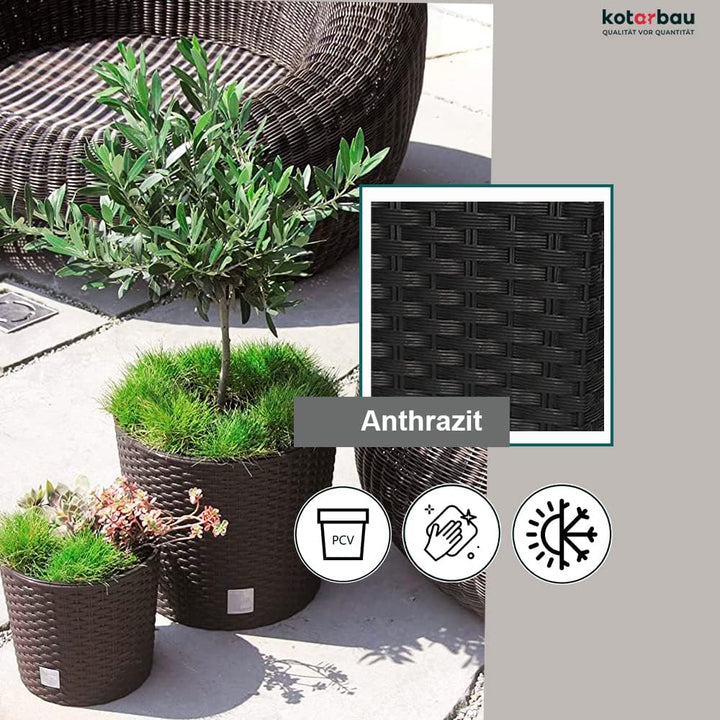 KOTARBAU® Blumentopf Ø 200x190mm Rattandesign Rund mit Innentopf Anthrazit, 200x190mm