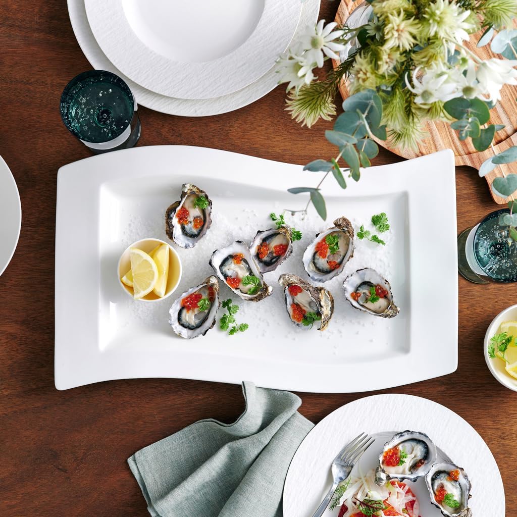 Villeroy und Boch NewWave Servierplatte, eckiger Servierteller, mit geschwungenen Linien, Premium Po
