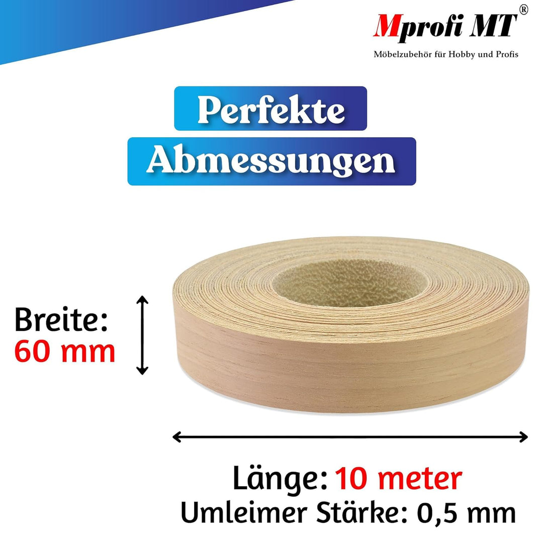 Mprofi MT® 10m Rolle-Kantenumleimer-Echtholz Furnier Umleimer mit Schmelzkleber-Bügelkante für Regal