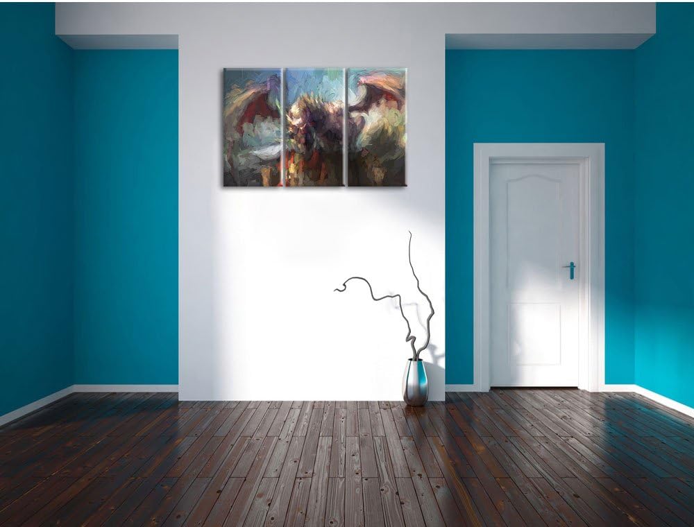 Pixxprint der Drache auf der Festung Kunst / 3-Teilig/Gesamtmass 120cm Leinwandbild bespannt auf Hol
