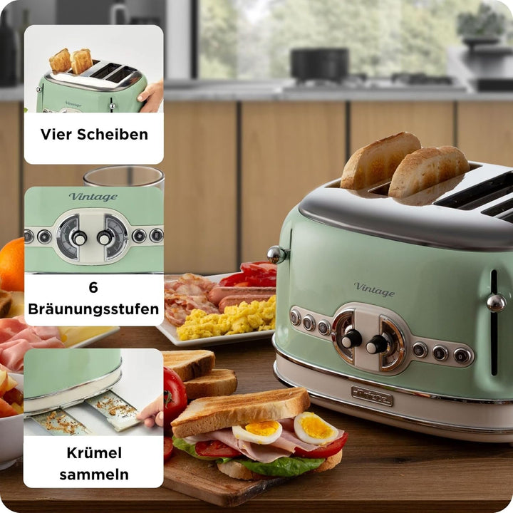 Ariete,156 Toaster im Vintage-Design für 4 Scheiben, 1600 W, 6 Toaststufen, aus lackiertem Edelstahl