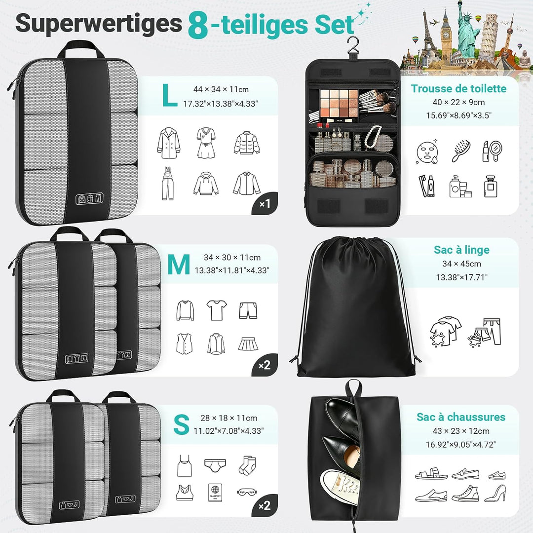 Koffer Organizer mit Kompression, 8 Stück Packing Cubes für Koffer und Rucksack – wasserabweisende P