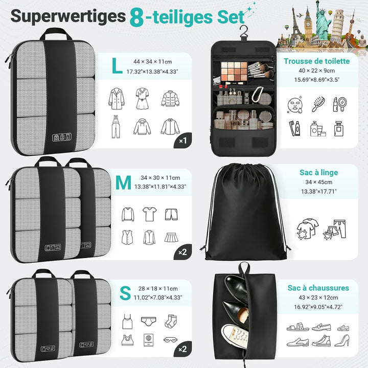 Koffer Organizer mit Kompression, 8 Stück Packing Cubes für Koffer und Rucksack – wasserabweisende P