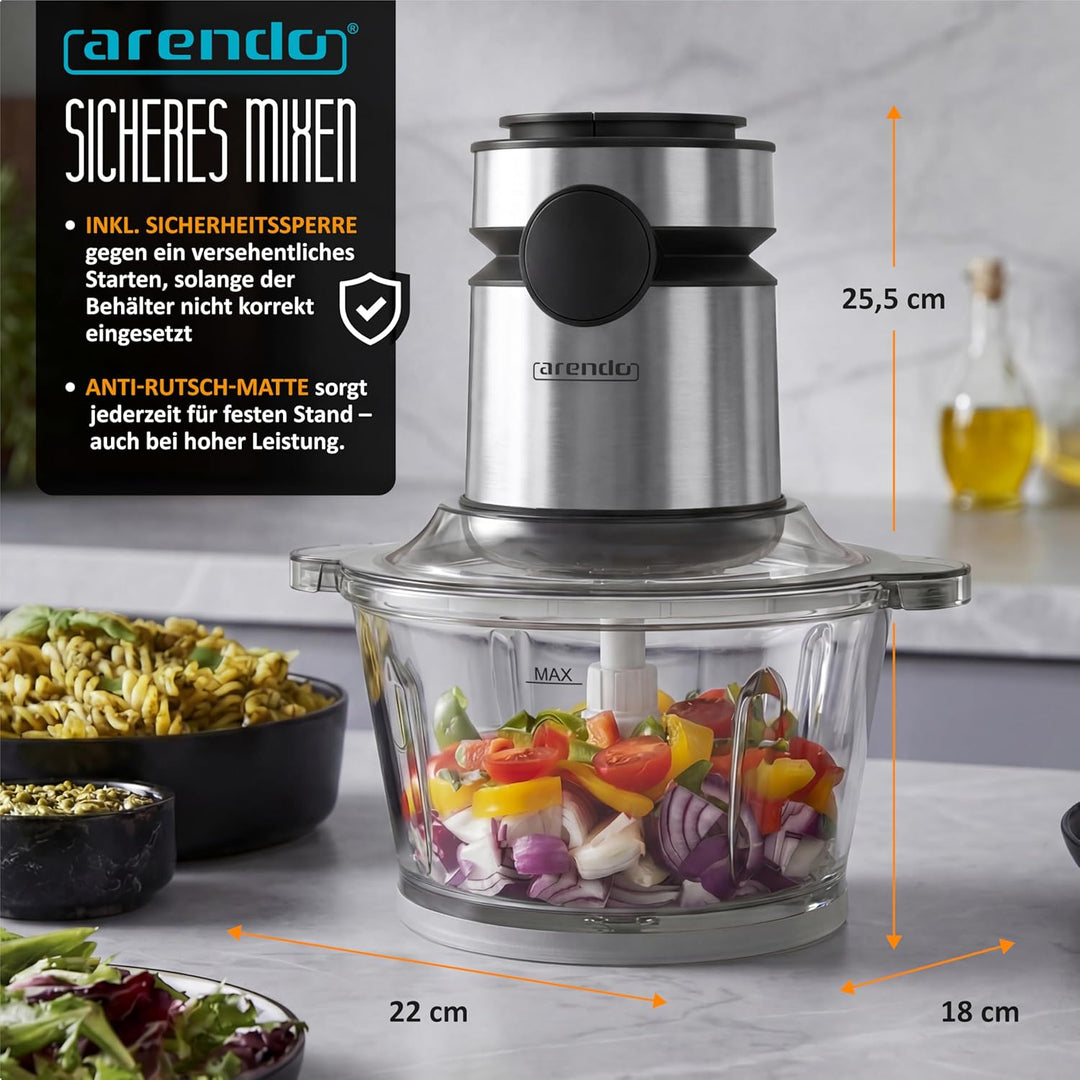 Arendo - Multi Zerkleinerer Küche elektrisch Edelstahl – extra starker 500 W Motor – 2 L Fassungsver